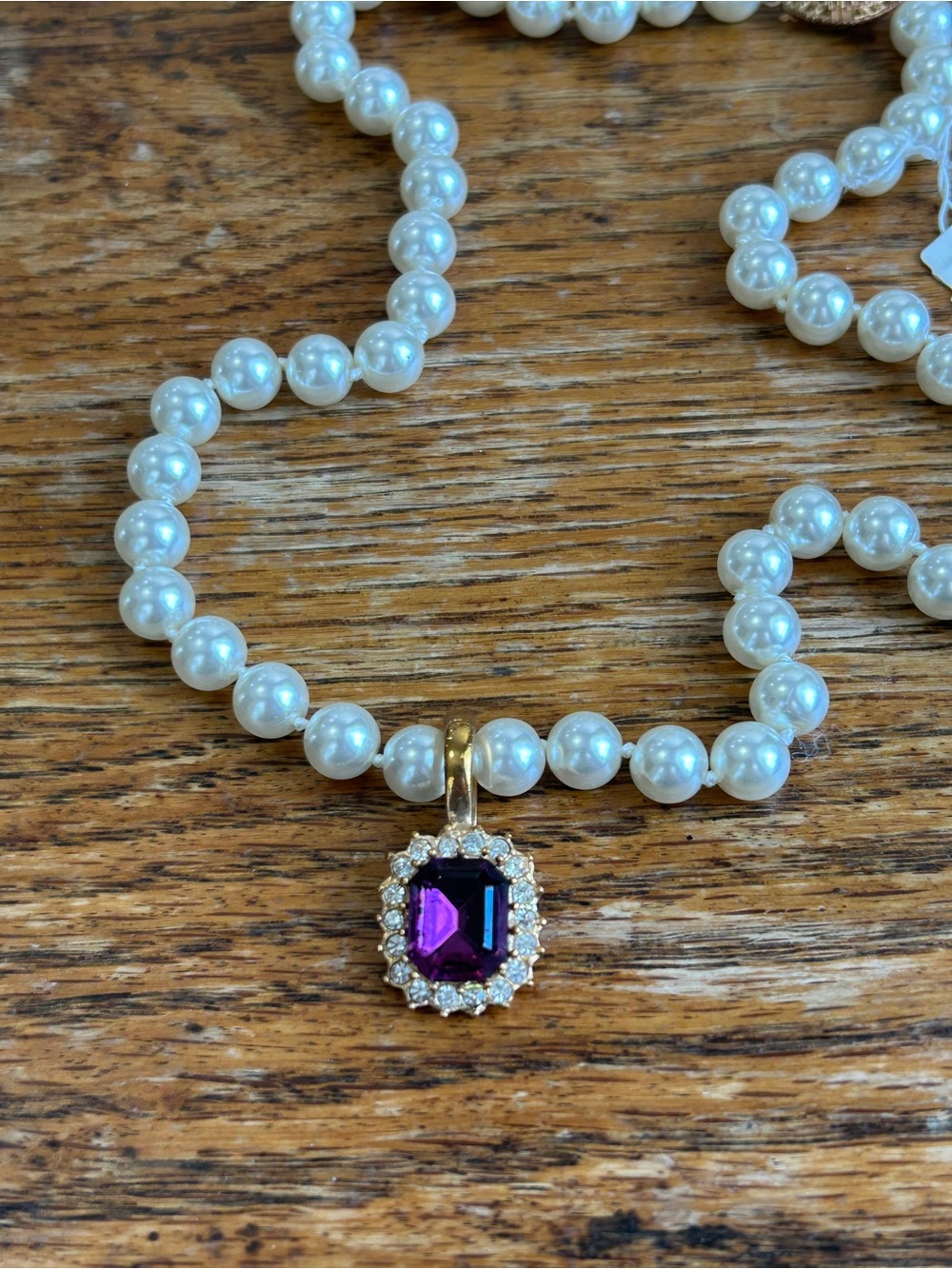 Classic White Pearl Necklace with Purple Crystal Halo Pendant
